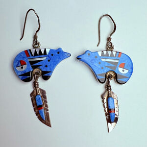 Native American Zuni Bear Feather Sodalite Inlay Sterling Silver Earrings